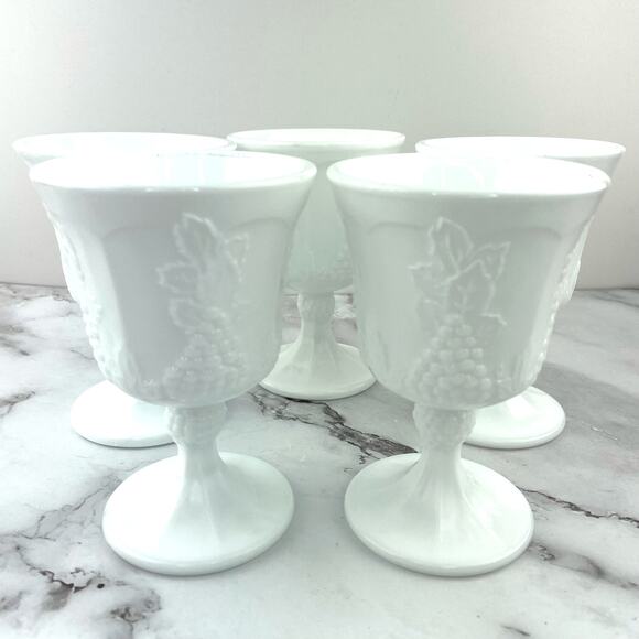 Indiana Glass Colony Harvest Milk Glass Footed Water/Wine Goblets Glasses 5 pcs - Picture 1 of 10